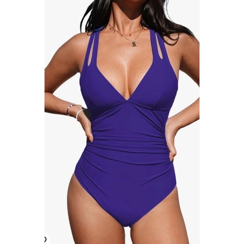 CupShe One Piece Swimsuit flattering ruching  adjustable back tie NWT Large